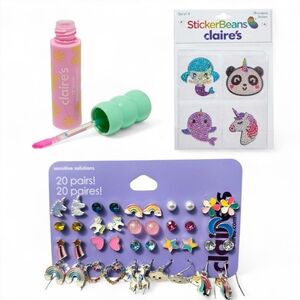 Claire’s StickerBeans Sticker Set + 20-Pair Earring Pack + Lip Gloss Wand Bundle